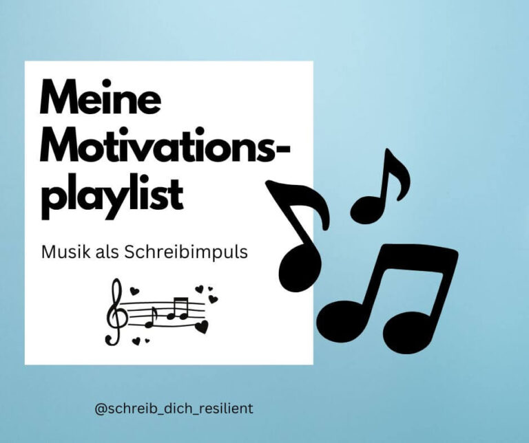 Blogartikel-Betragsbild mit blauem Hintergrund und Notenschlüsseln. Der Titel lautet in schwarzer Schrift meine Motivationsplaylist, Musik als Schreibimpuls