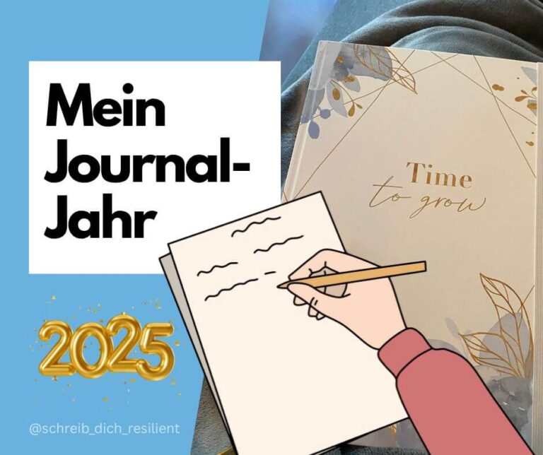Titelbild des Blogartikels Jahresrückblick eines Journalingnerds. Auf weißem Hintergrund steht "mein Journal-Jahr". Rechtsseitig befindet sich ein großes weißes Journal auf dem Time to grow steht. Darunter ist eine Hand zu sehen, die etwas aufschreibt. Ganz links in der Ecke steht in goldener Schrift 2025.